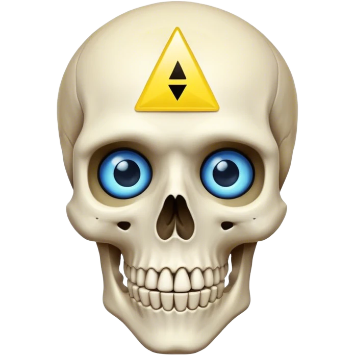 A skeleton with blue eyes and a yellow triangle emoji