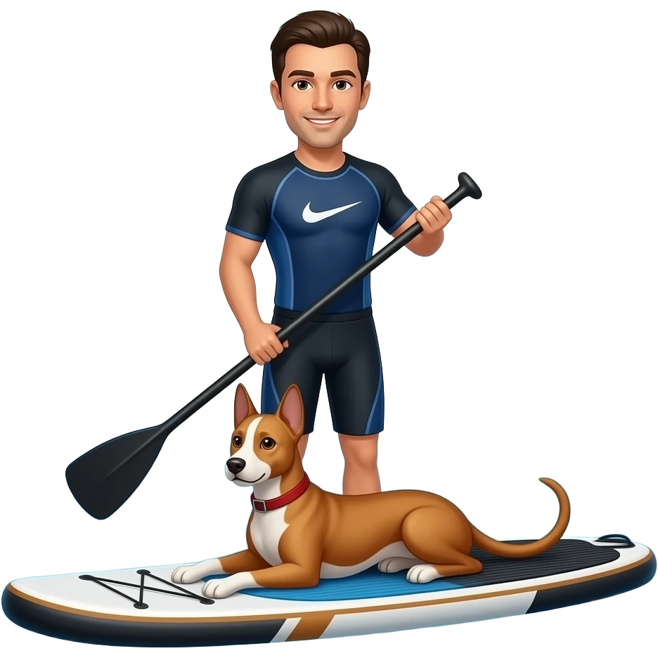 White coffee coloured Podenco joung adult lying down sphinx like on sup in front front of the paddler in real peoportions on sea emoji