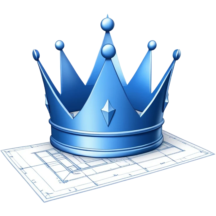 side view of a blue blueprint plan with the sketch of a crown in white lines emoji