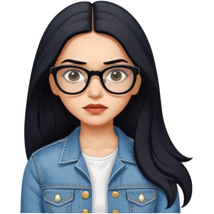 generate a pretty bratz emoji 
Make her wear a white dress with a denim jacket over it.long  black hair in a side part 

She should look exactly  like Deepika padukone! wearing tiny rectangular spectacle, looking sad emoji