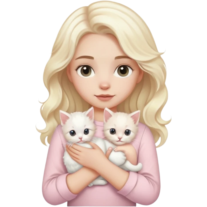 cô gái da trắng tóc bạch kim gợn sóng mặc áo màu hồng nhạt bế một em mèo con lông trắng emoji