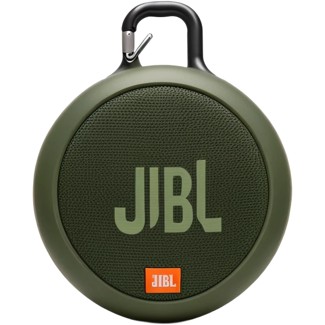 Simple JBL Clip 4 portable speaker with correct round body and built-in carabiner hook, minimal green camo pattern, iOS emoji style emoji