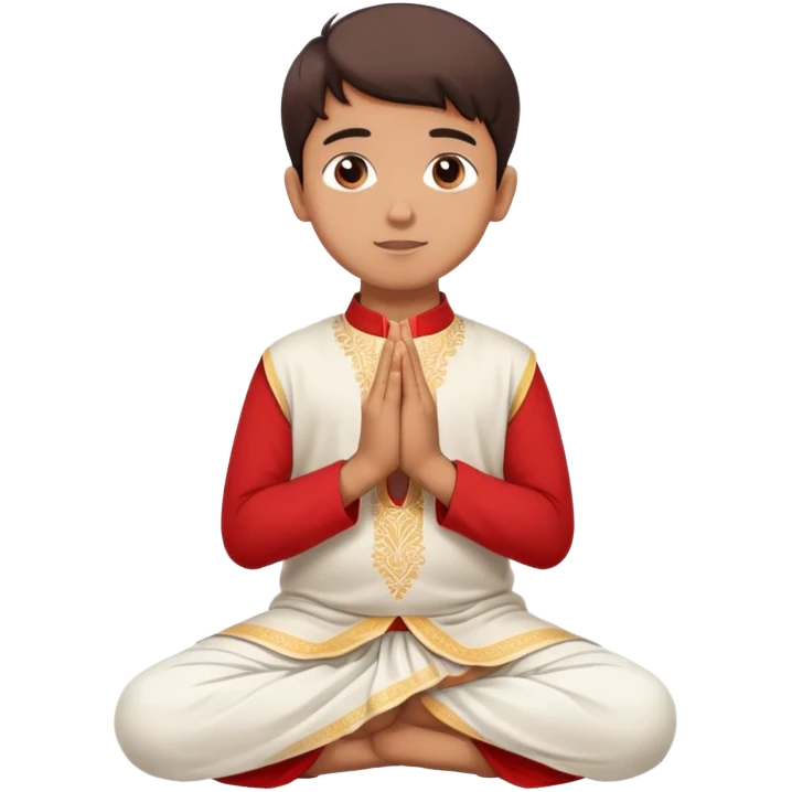 Full body Bengali boy wearing traditional red kurti and white dhoti with hands joined in prayer position emoji