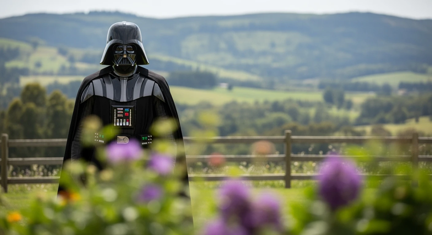 A portrait of a Darth vader in the foreground, blurred plants in the foreground (close to the camera), a wooden fence in the midground, rolling hills in the background, cinematic depth of field, layered composition, natural lighting emoji