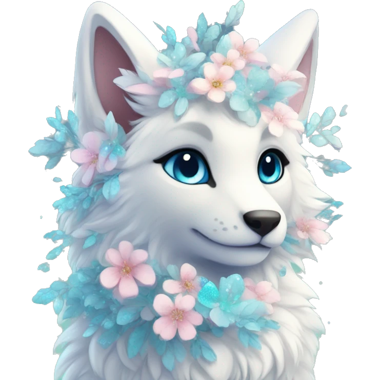 Anthro Cute Cool Kawaii gorgeous sparkly ethereal fantasy animal creature with blue eyes furry sona with flowers beautiful aesthetic emoji