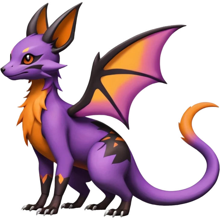 Rare epic aesthetic colorful Noivern-Salandit-Noibat-Eevee-Civet-species-Fakemon-hybrid-creature, with markings, full body emoji