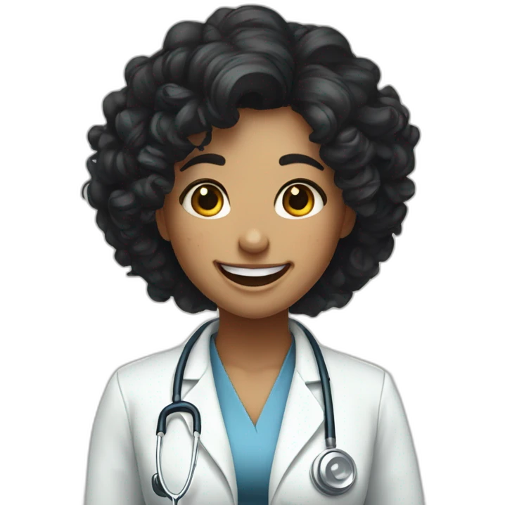 Doctor Girl with curly black hair upto her chest and mild freckles laughing emoji