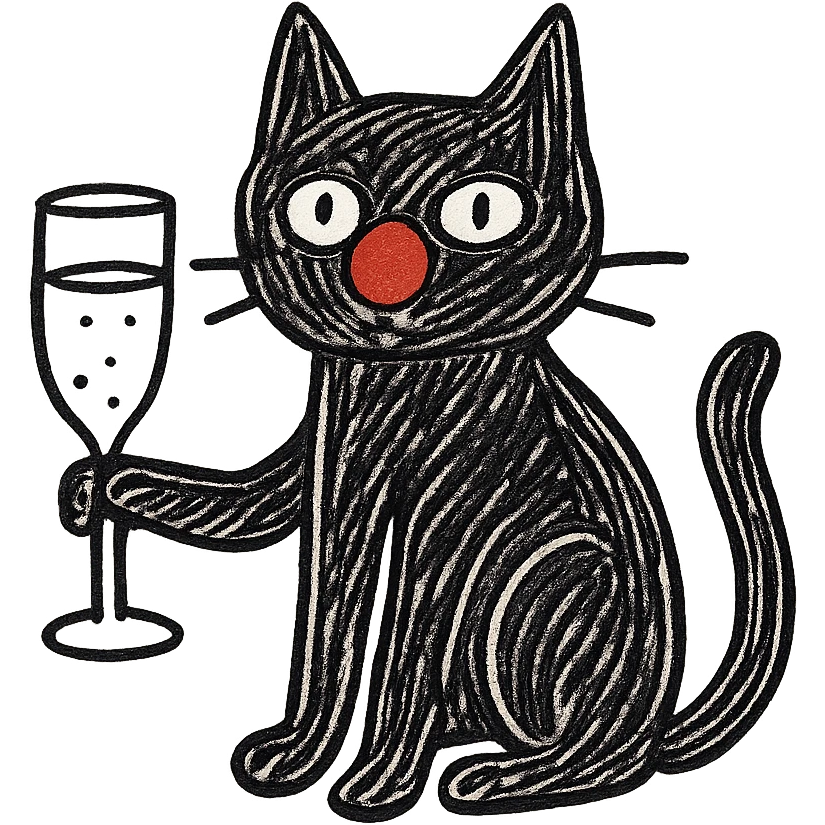 black cat with a red clown nose and a champagne glass, hand-drawn and quirky emoji