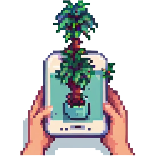 hands holding a plant sprouting from a smartphone, pixel art style, colorful, retro emoji