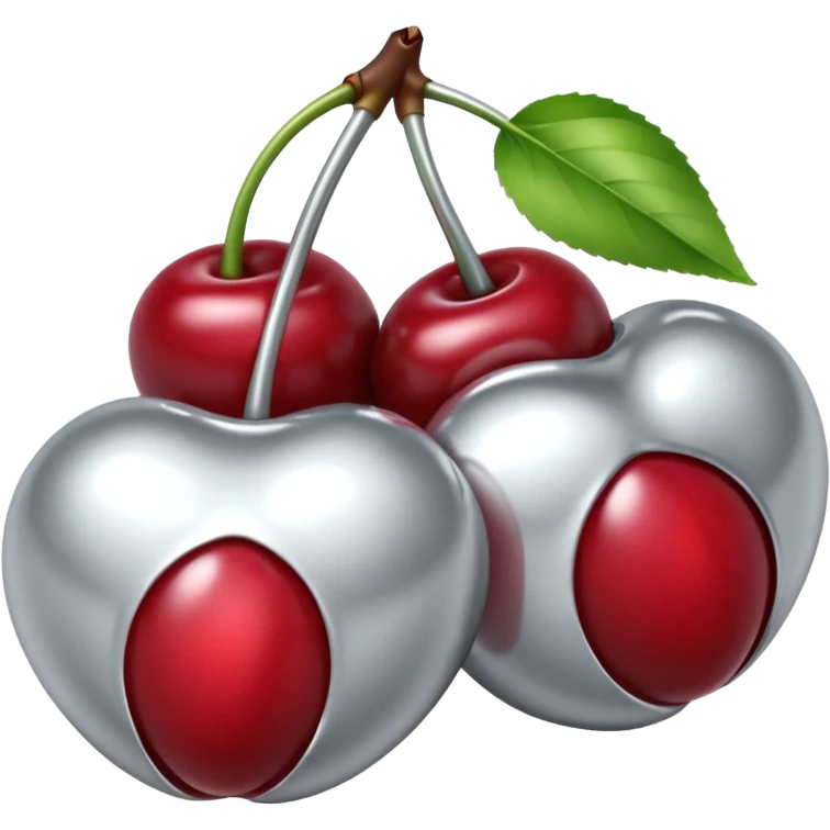 A pair of cherries emoji made of liquid silver chrome, smooth rounded shapes, glossy metallic surface, subtle sensual vibe, luxury sexy aesthetic, iOS emoji style, centered, clean white background emoji