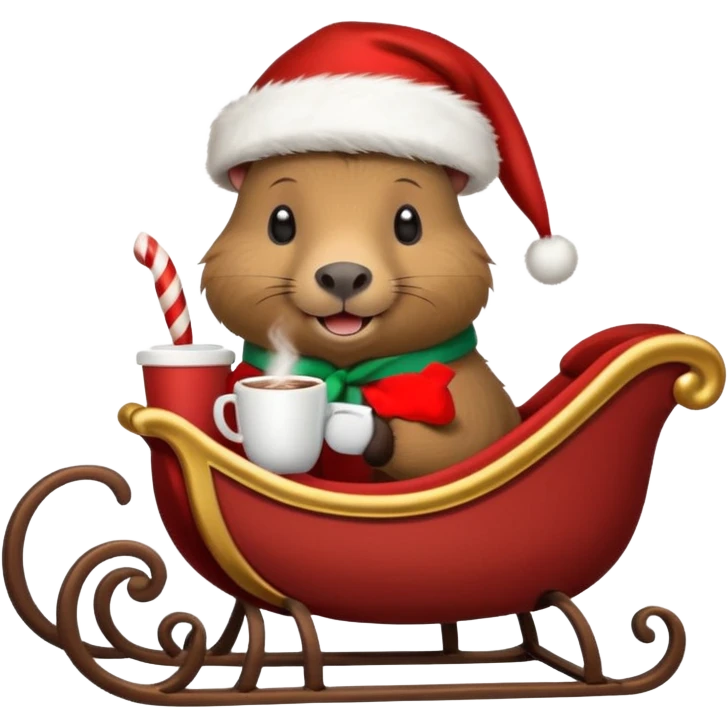 capybara wearing a santa hat, holding a cup of hot cocoa in a sleigh emoji