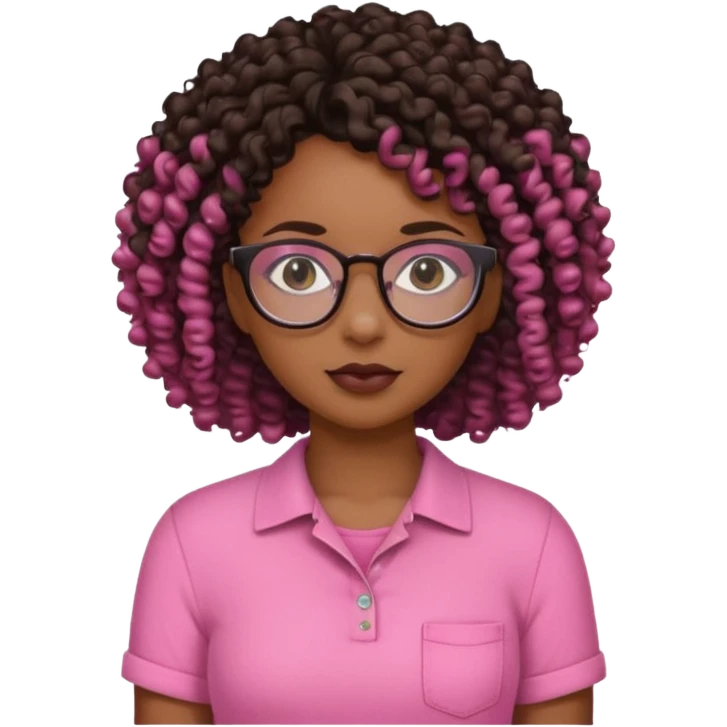 Black girl with curly hair with glasses wearing a pink shirt that’s cut on the side  emoji