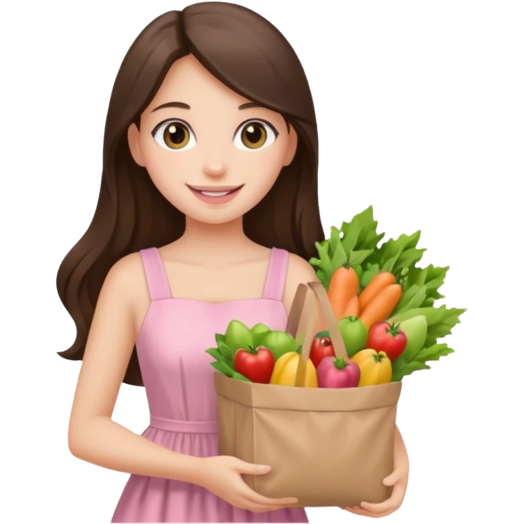 pretty smiling long brunette hair girl hazel eyes wearing light pink dress holding groceries emoji