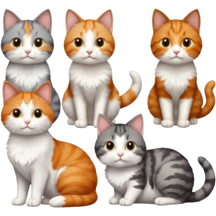 6 cats with different coloured coats, 2 are grey and white, 1 is grey with a little white, 1 calico, 1 brown tabby and white and one ginger and white emoji