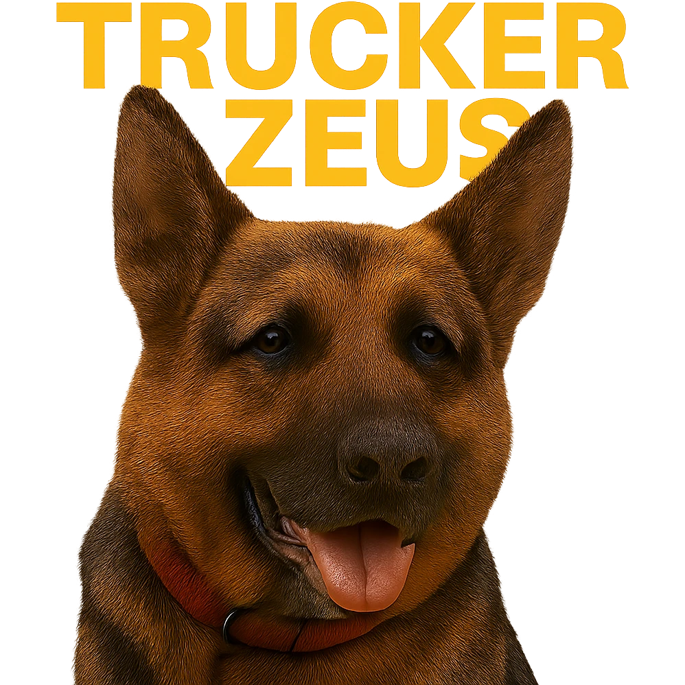 Reduce the image file size as much as technically possible, even if it lowers image quality, while keeping the background fully transparent, the realistic German Shepherd, and yellow 'Trucker Zeus' text. emoji