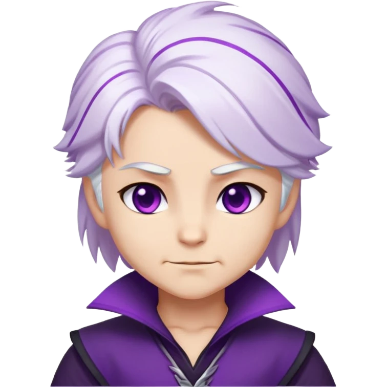 Chibi Sable Ward with smirk expression, confident side smile, raised eyebrow, white hair with purple streaks, fully purple eyes, smug look emoji