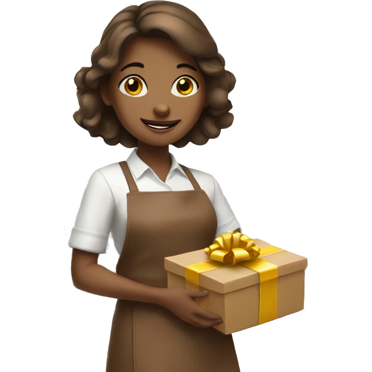 girl in brown apron with gift emoji
