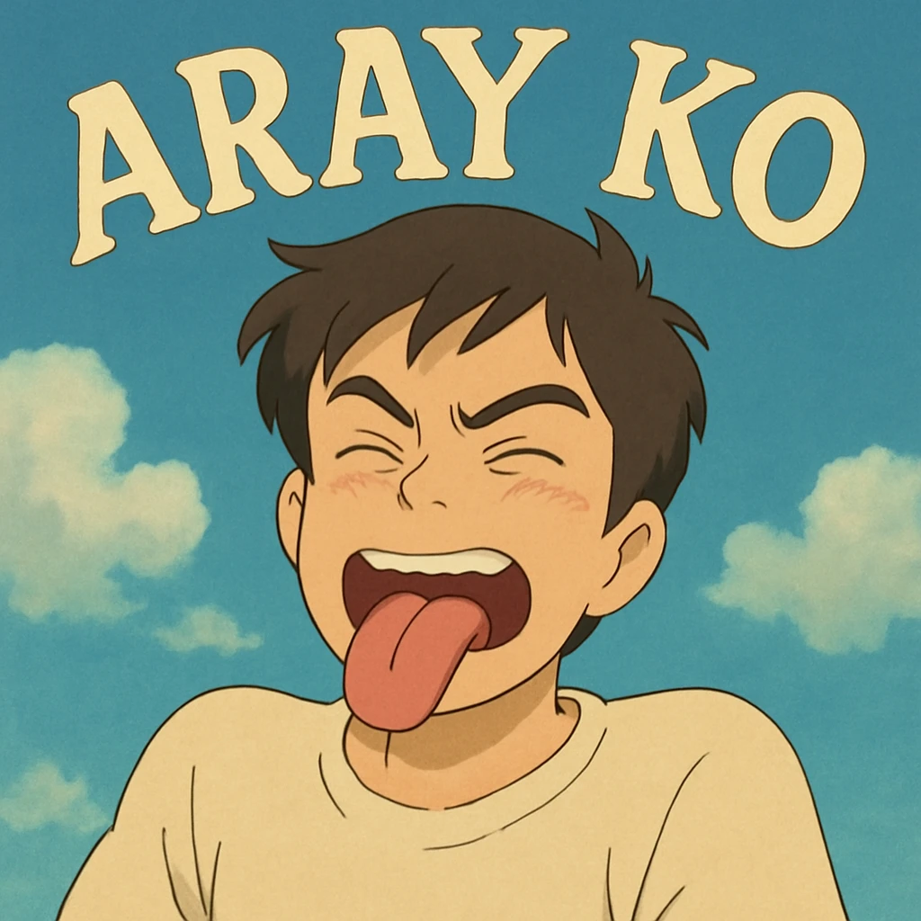 a guy with his tongue out and the words 'aray ko' in ghibli style emoji