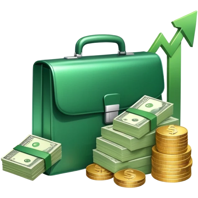 An icon showing a briefcase, a stack of money, and a graph with upward growth, representing business and entrepreneurship. The design highlights innovation, investment, and success in the world of startups and corporate ventures. Transparent background emphasizes the dynamic nature of business. emoji