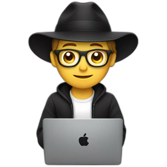 tech white guy with black hat holding a apple laptop in the lap emoji