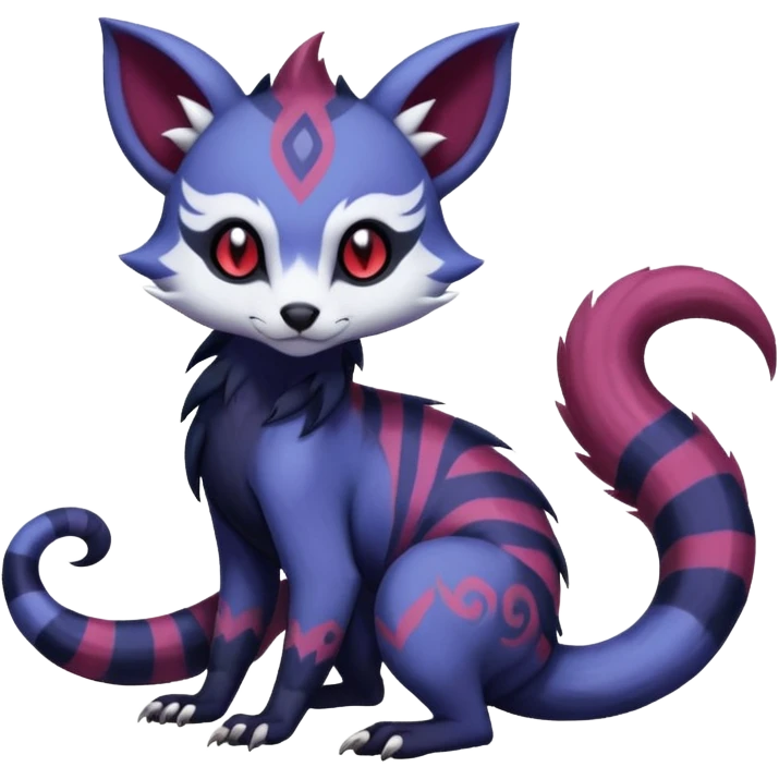Rare warm-colored exotic gloomy tropical edgy cute epic aesthetic spooky indigo purple white black red gothic colorful Salandit-Furret-Espurr-Meowstic-Civet-species-Fakemon-hybrid-creature, with tribal tattoo markings, full body emoji