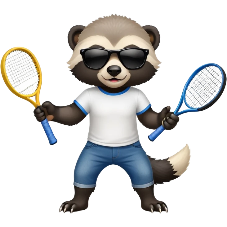 mischievous anthropomorphised honey badger in jeans and a t-shirt, wearing sunglasses, holding a tennis racket emoji