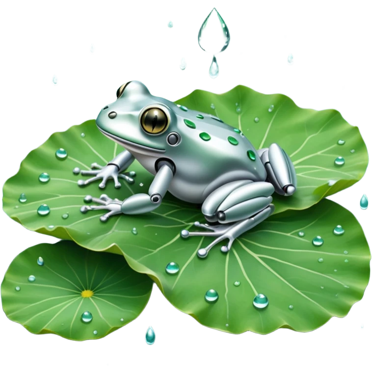 silver robot frog on lotus leaf emoji