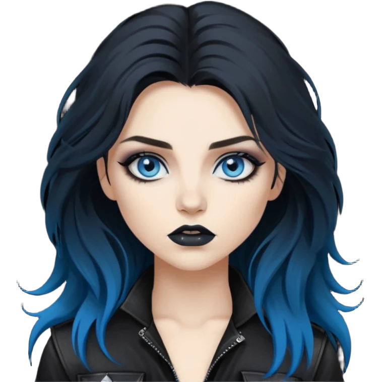 
 rockstar girl with long total black disheveled hair, blue eyes, Smokey eyes grunge makeup, rocking  emoji