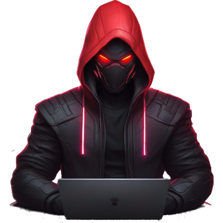developer behind his laptop with this style : crysis Cyberpunk Riot Games Valorant neon glowing bright red character red dark black hooded assassin themed character emoji