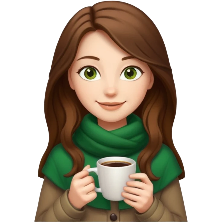 Girl green eyes brown long hair with brown-white winter clothes with coffee in her arms emoji