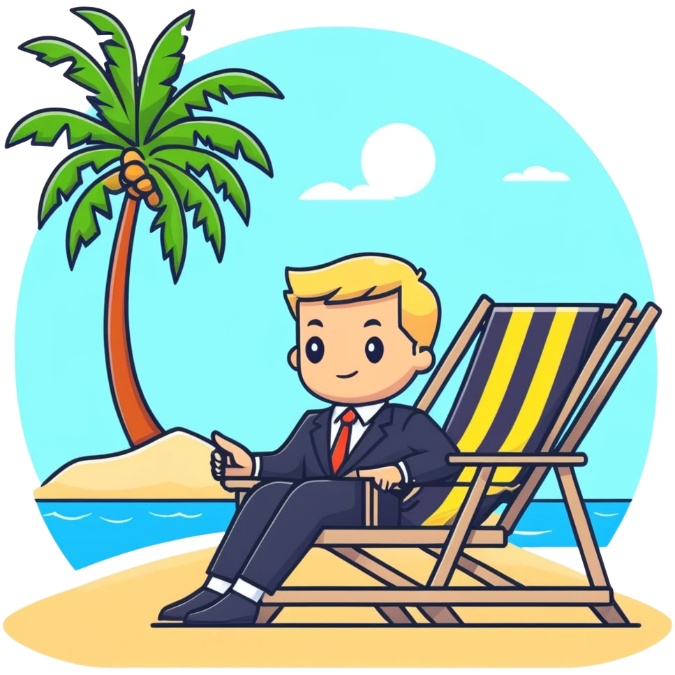 blonde man in business suit sitting on beach chair, vacation setting with palm trees emoji