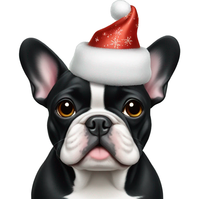 an all-black French bulldog with a white breast in a festive hat emoji