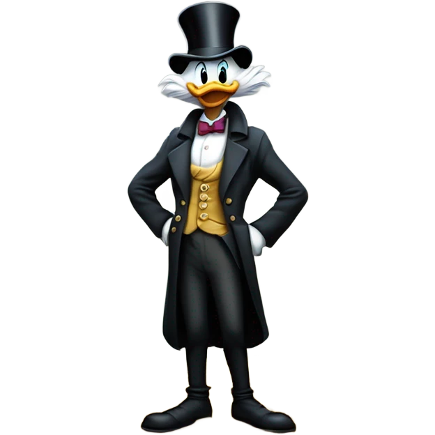 a slim successful looking scrooge mcduck standing atop a pile of money emoji
