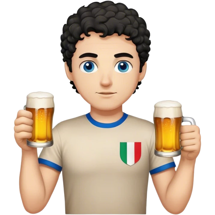 white guy thick eyebrows blue eyes with short curly black hair holding beer wearing a shirt with the italian flag emoji