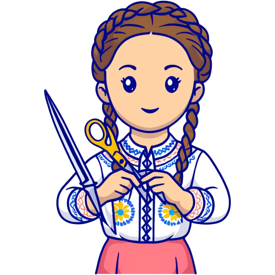 Ukrainian young girl with braided hair wearing a white embroidered traditional shirt (vyshyvanka) holding scissors and colorful craft paper emoji