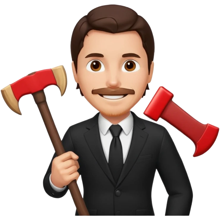 Christian Bale holding a red axe smiling like a maniac in a black suit emoji
