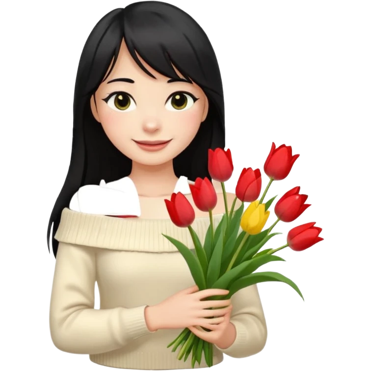 a girl with long black hair, thin bangs, black eyes, wearing a cream off-shoulder sweater, holding a bouquet of tulips, emoji style, smiling emoji