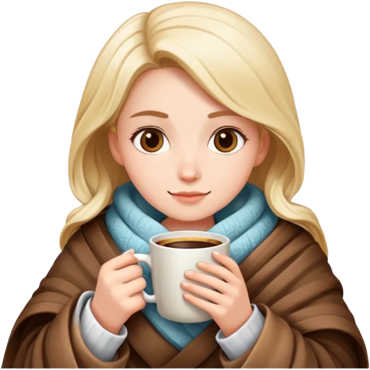 girl holding coffee with a blanket around her emoji
