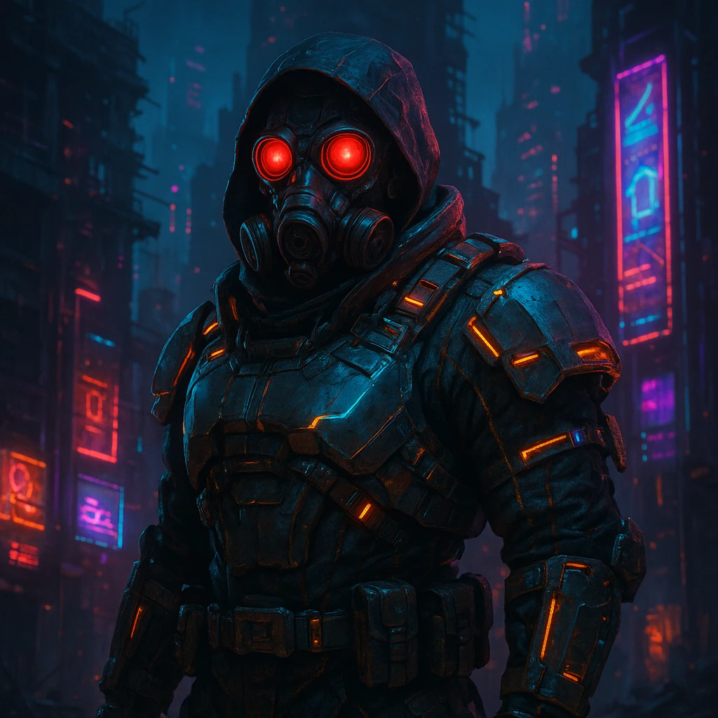 futuristic soldier in a gas mask, red glowing eyes, cyberpunk post-apocalyptic vibe emoji