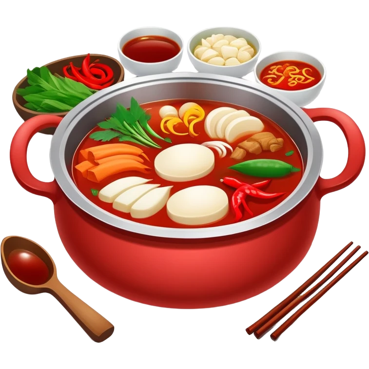 Sichuan Hot Pot with spicy red broth and ingredients, simplified emoji style with bold outlines and bright colors, cartoon style traditional Chinese divided hot pot emoji