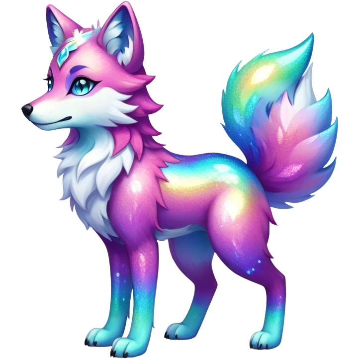 Vibrant multicolored Falvie-Fionbri-creature-sparkle-wolf-fursona, full body emoji