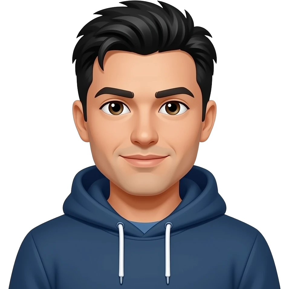 men with short wild black hair, wearing a dark blue hoodie emoji