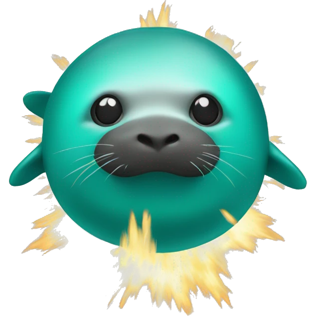 teal-coloured seal in front of boom explosion emoji