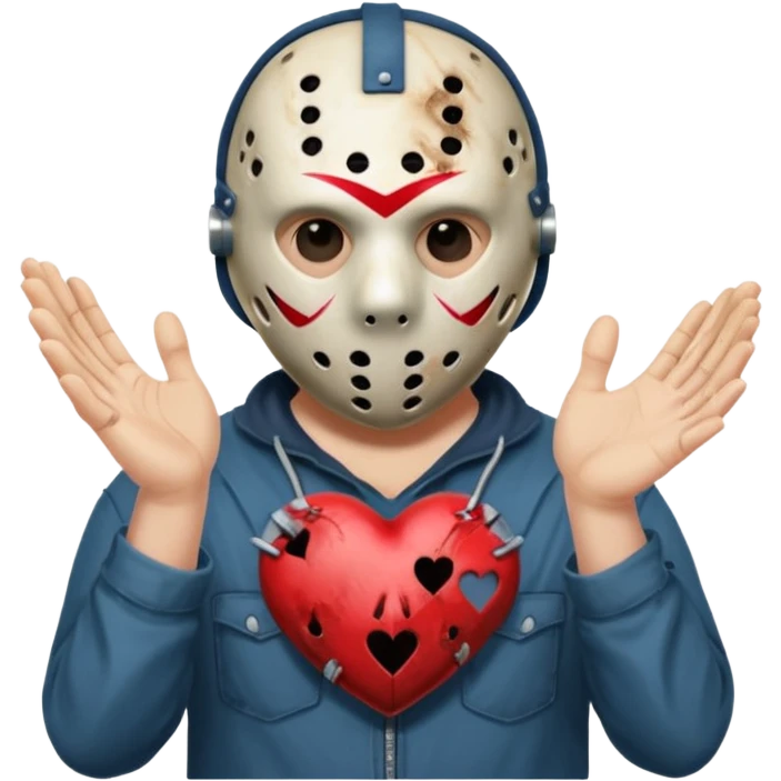 Jason Voorhees, looking cute, making a heart with his hands emoji