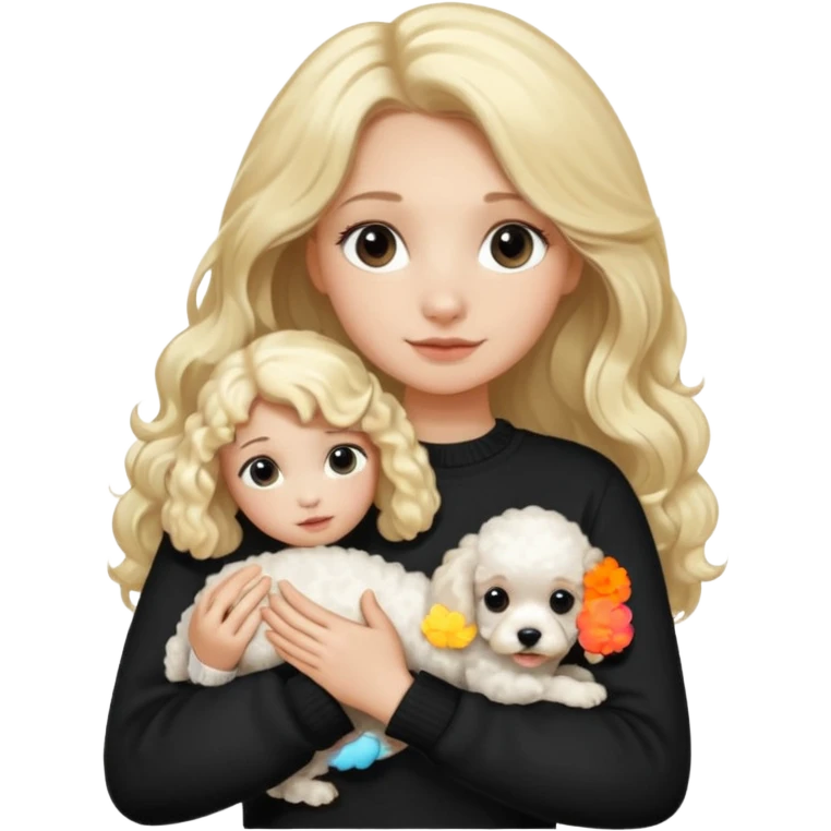 blonde girl with long hair in a black sweater holds a Poodle puppy in her arms emoji