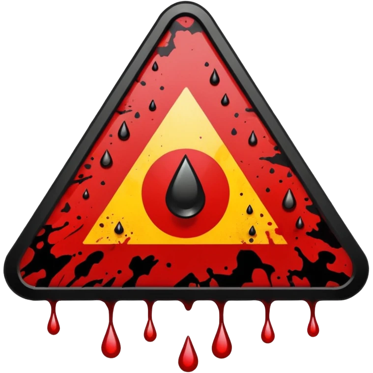 A triangular danger sign with a bold black border with danger written in the midle and a bright yellow background. In the center, a dark red blood splatter spreads outward, with a few drops dripping down the sign. The design gives a wild, intense, and dangerous vibe, emoji