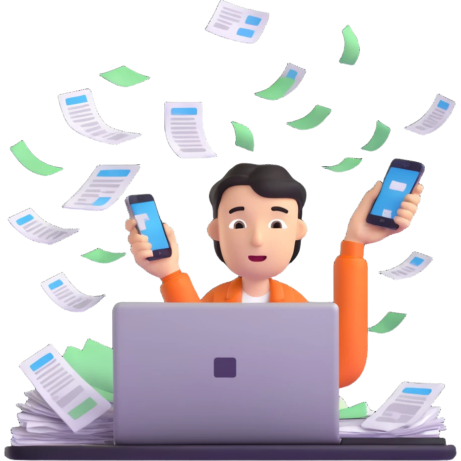 person holding a phone in one hand, laptop open in front, storm of receipts, invoices, and reminders swirling around, multitasking chaos emoji