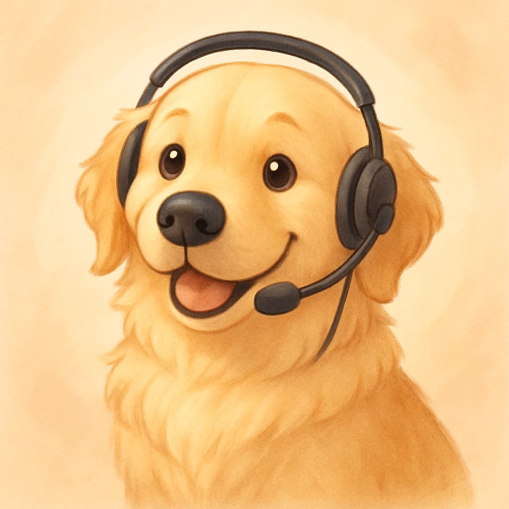 cute golden retriever, headset on, ready to help, adorable, friendly expression, soft colors emoji