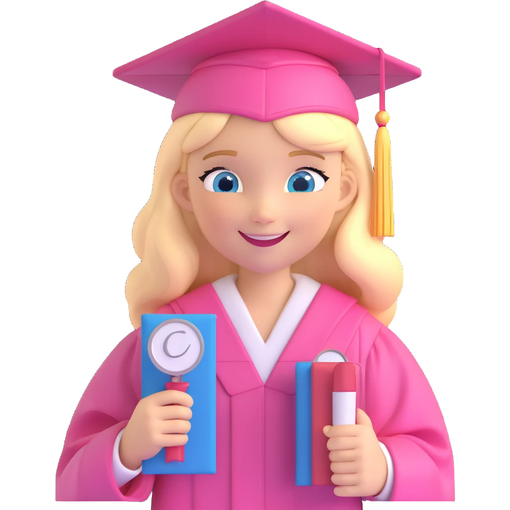 blonde girl with blue eyes in a pink graduation cap and gown, smiling, holding diploma emoji