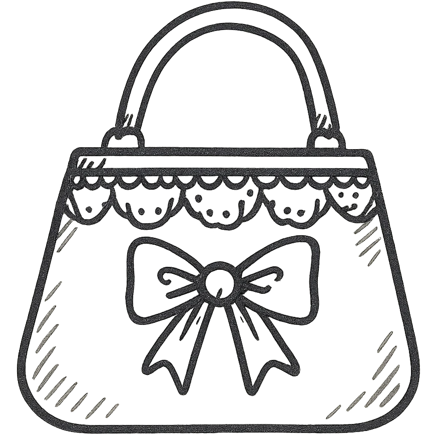 pink and black gothic purse, hand drawn black outline style, sketchy, whimsical, gothic lace accents emoji